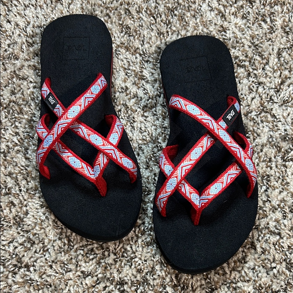 Teva Black Sandals with Red and White Straps